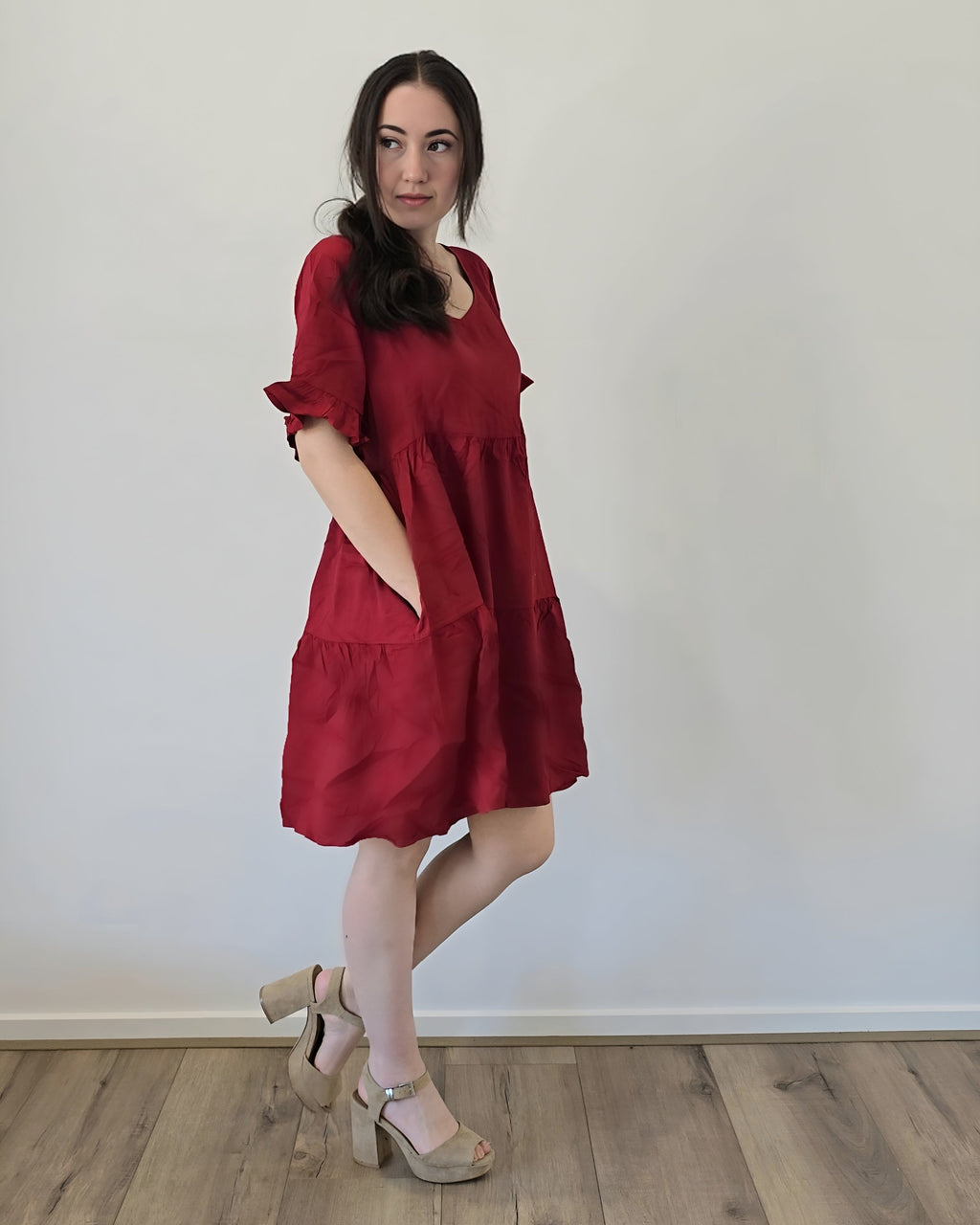 mini dress 70s style chunky heel ruffle