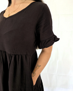 Black casual mini dress with pockets and long sleeve