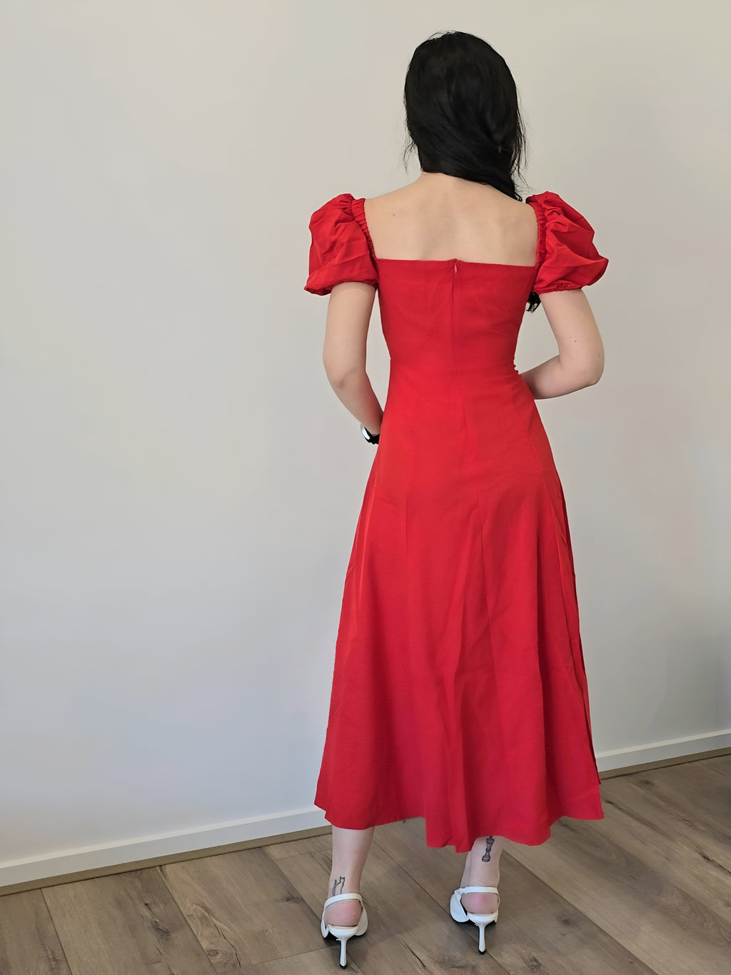 Red puff sleeve vibrant milkmaid style dress tailored back