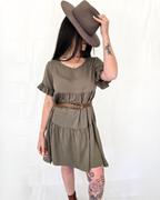 cowgirl style dress, australian fashion with ruffled sleeves in khaki olive green