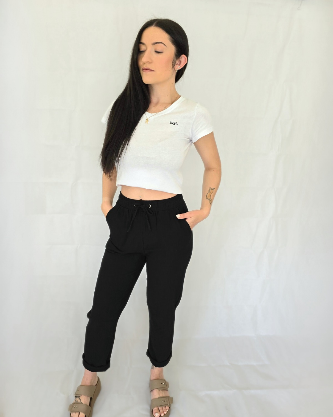 black jogger pants linen cotton summer elastic waist