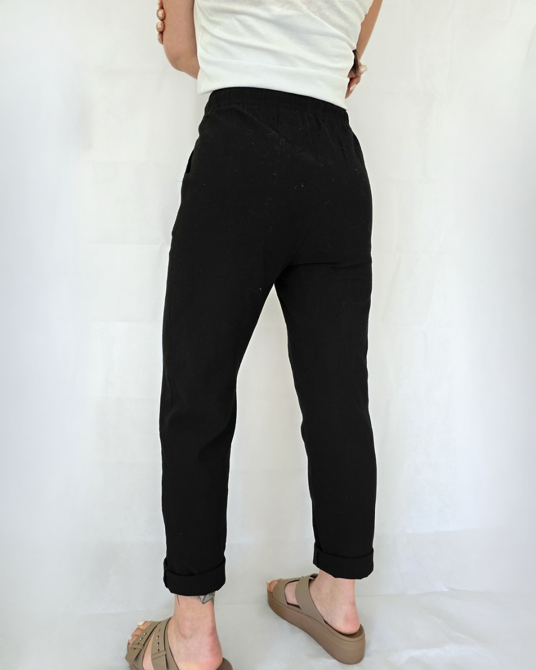 summer style black loose linen joggers elastic waist draw string pocket pants
