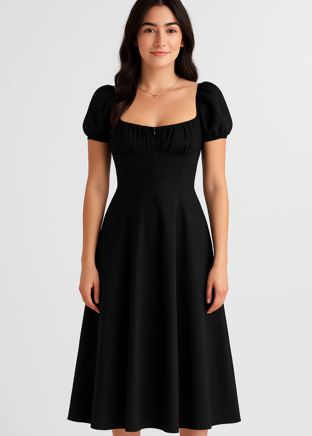Woman wearing a black dress with puff sleeves on a white background