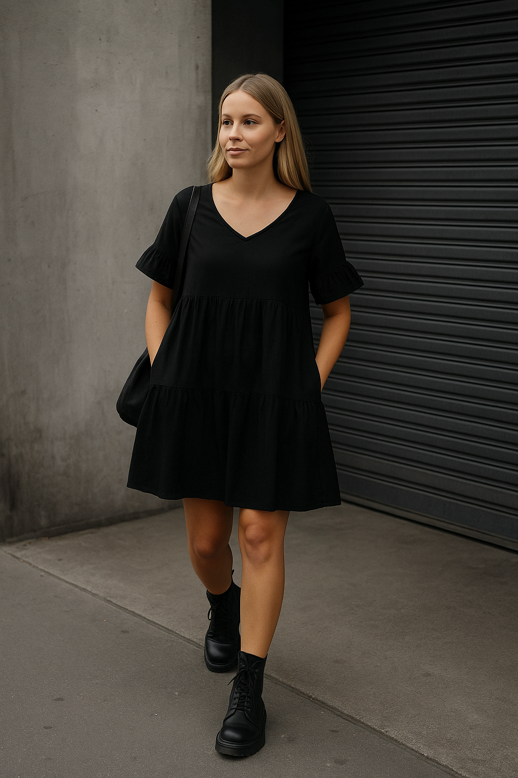 Dress and boots womens fashion label, casual style with pockets