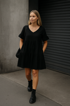 Dress and boots womens fashion label, casual style with pockets