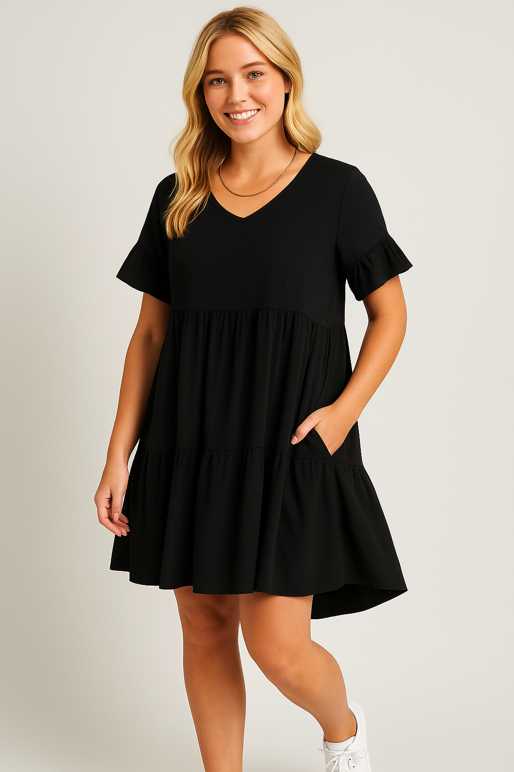 Black flowy summer dress with pockets and sleeves