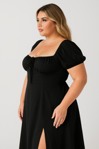 plus size summer dress midi length black with slit flattering