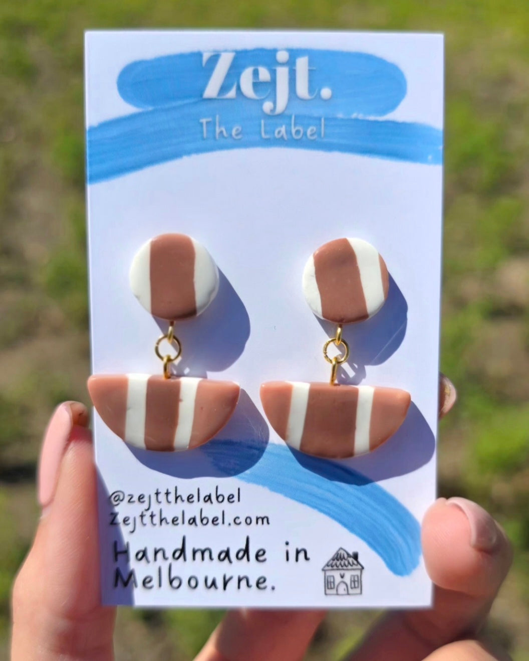 Geo Stripe Neutral Dangle Studs - Polymer Earrings