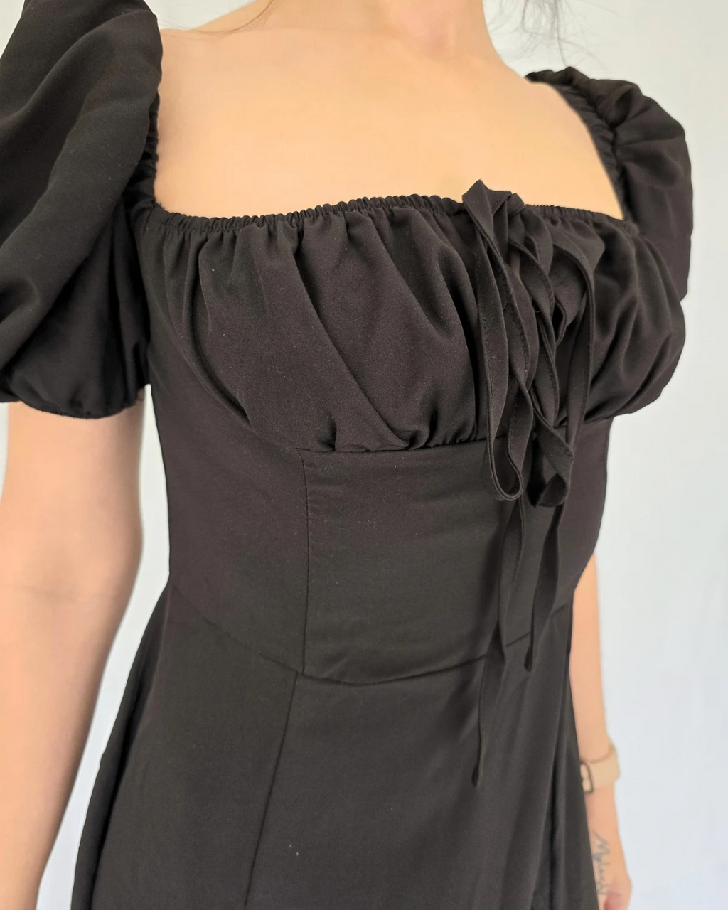 black summer dress gathered bust tie cute design event outfit